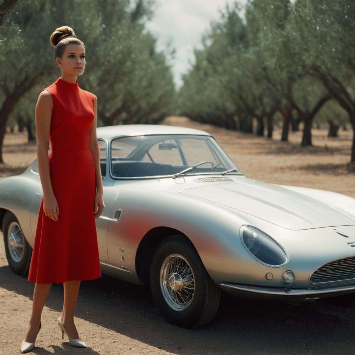 cinematic film still of In the 1960's a woman standing next to a silver futuristic car,  1girl,  solo on Tensor.Art