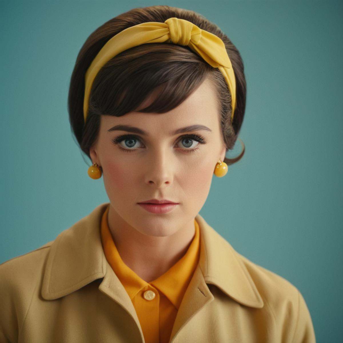 cinematic film still of In the 1960's a woman with a yellow headband and a yellow jacket,  1girl,  solo on Tensor.Art