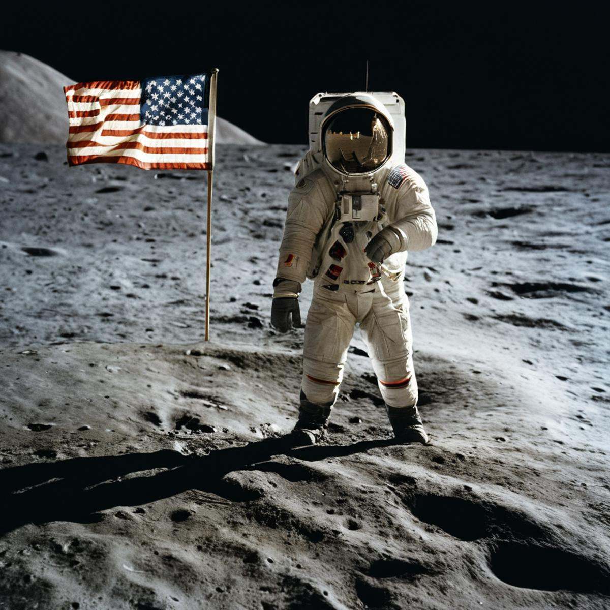 cinematic film still of In the 1960's an astronaut standing on the moon holding a flag,  solo,  1boy on Tensor.Art