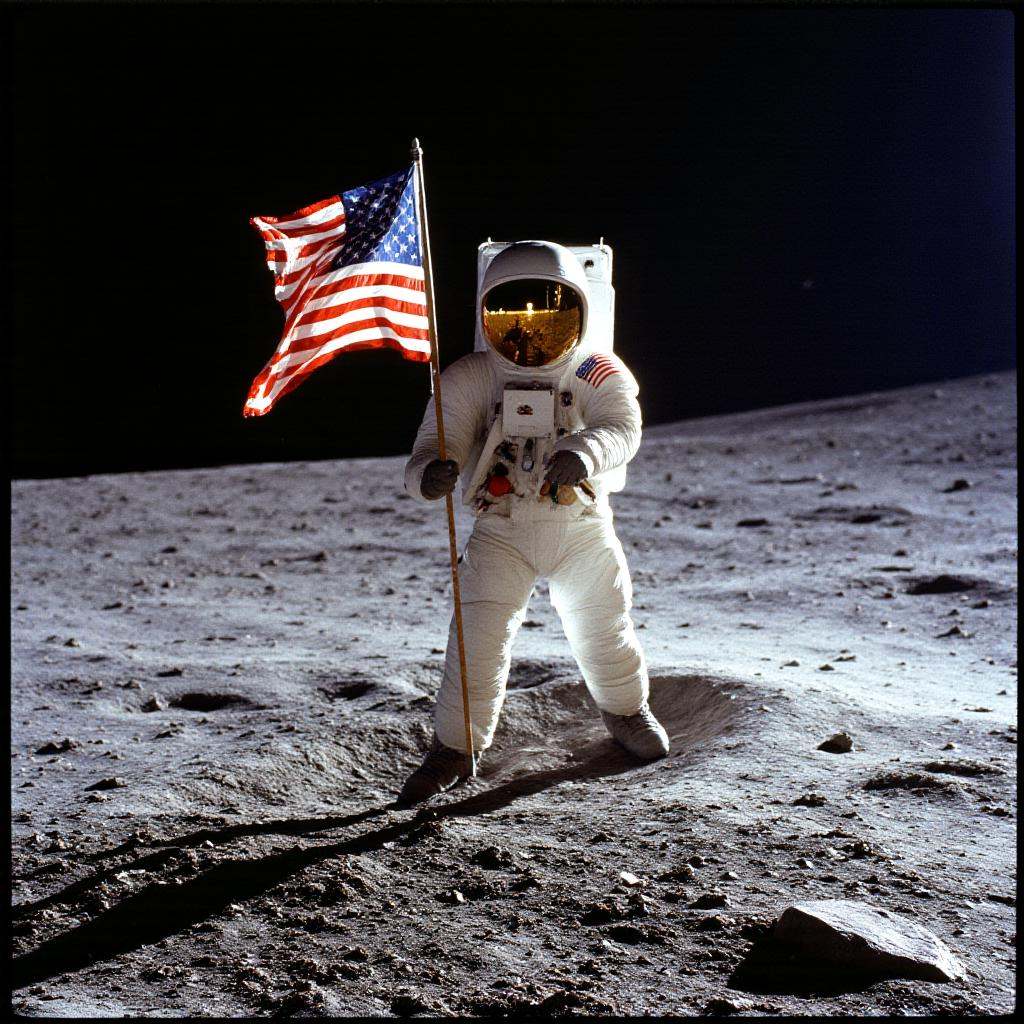 analog film photo of In the 1960's an astronaut standing on the moon holding a flag,  solo,  1boy on Tensor.Art