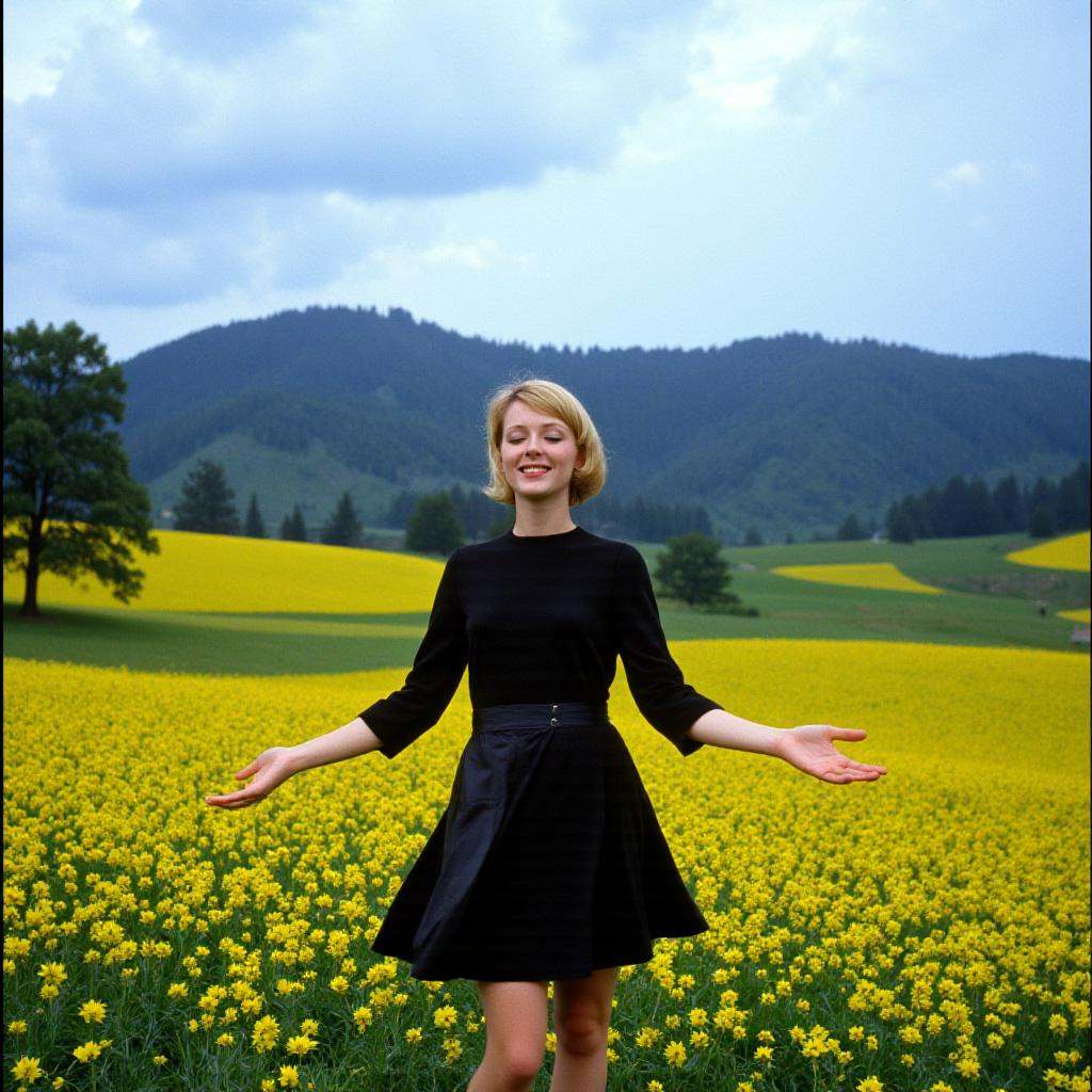 analog film photo of In the 1960's a woman in a dress is standing in a field,  1girl,  solo on Tensor.Art