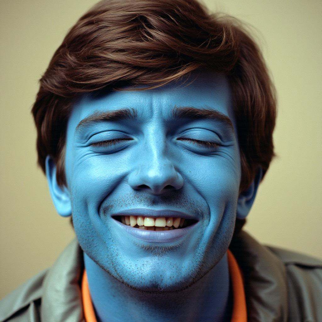 analog film photo of In the 1960's a man with blue paint on his face,  solo,  brown hair on Tensor.Art