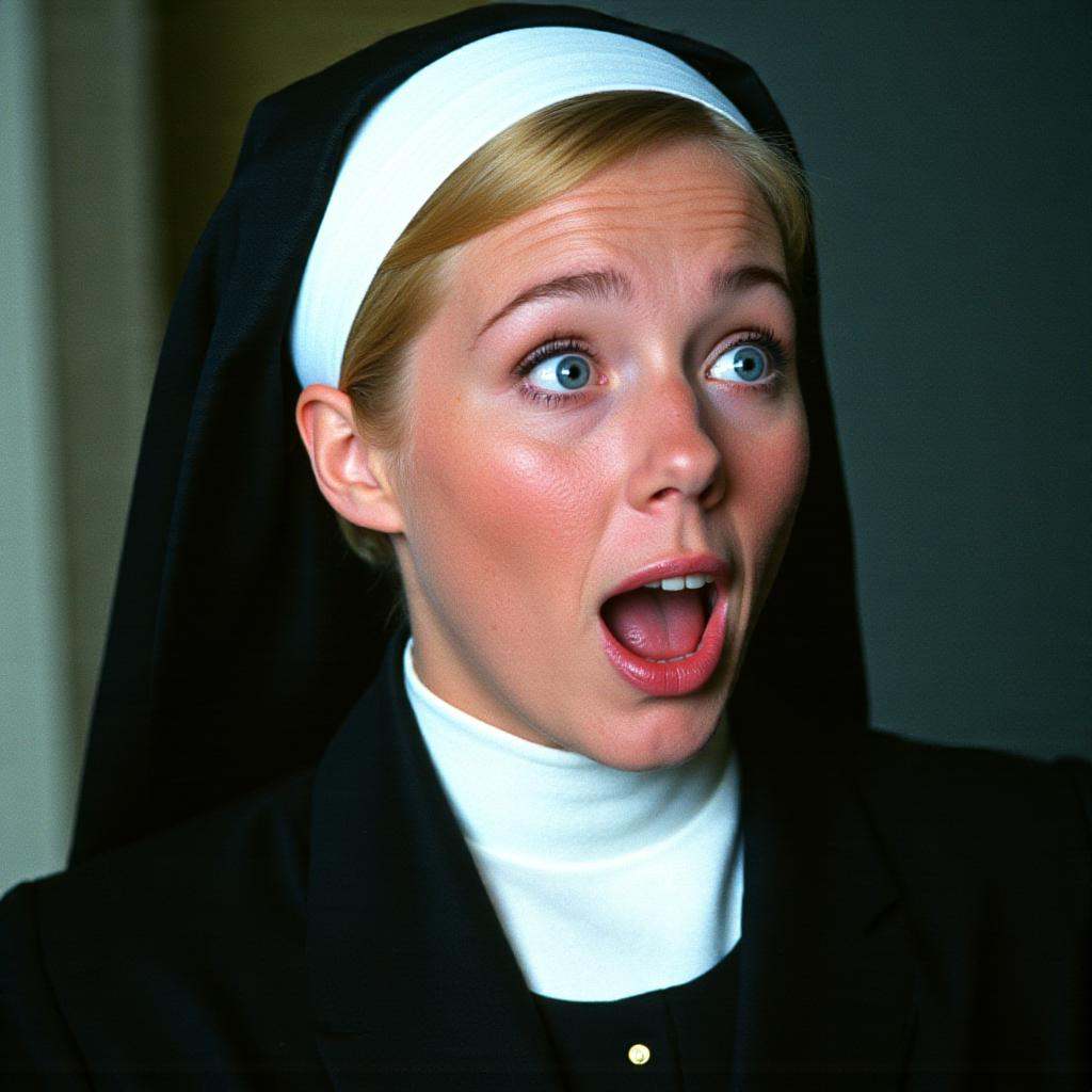 analog film photo of In the 1960's a surprised woman in a nun outfit looks surprised,  1girl,  solo on Tensor.Art
