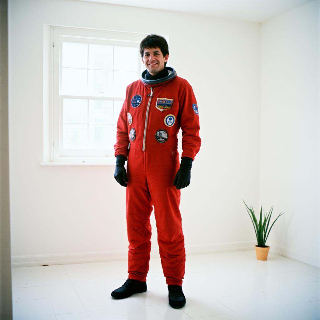 analog film photo of In the 1960's a man in a red space suit standing in a white room,  solo,  looking at viewer on Tensor...