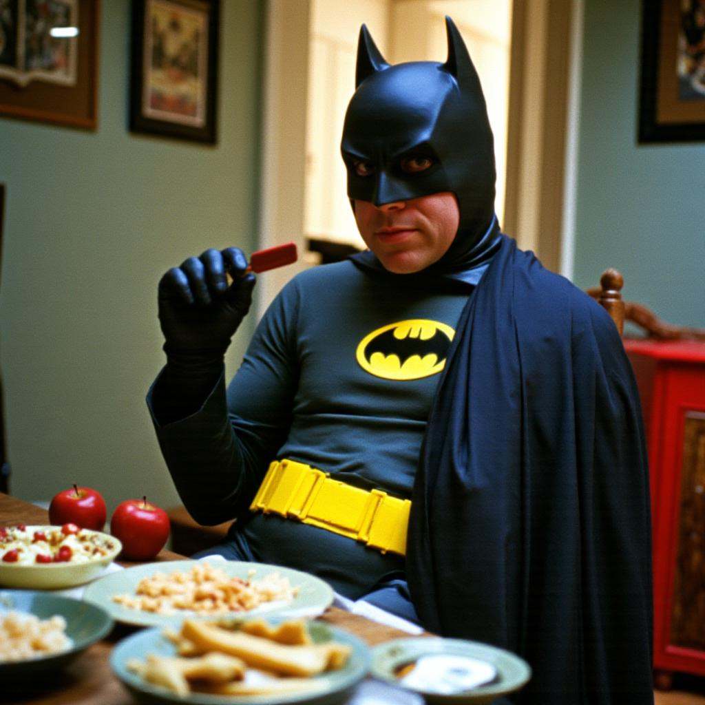 analog film photo of In the 1960's a man dressed as batman in a room,  solo,  gloves on Tensor.Art
