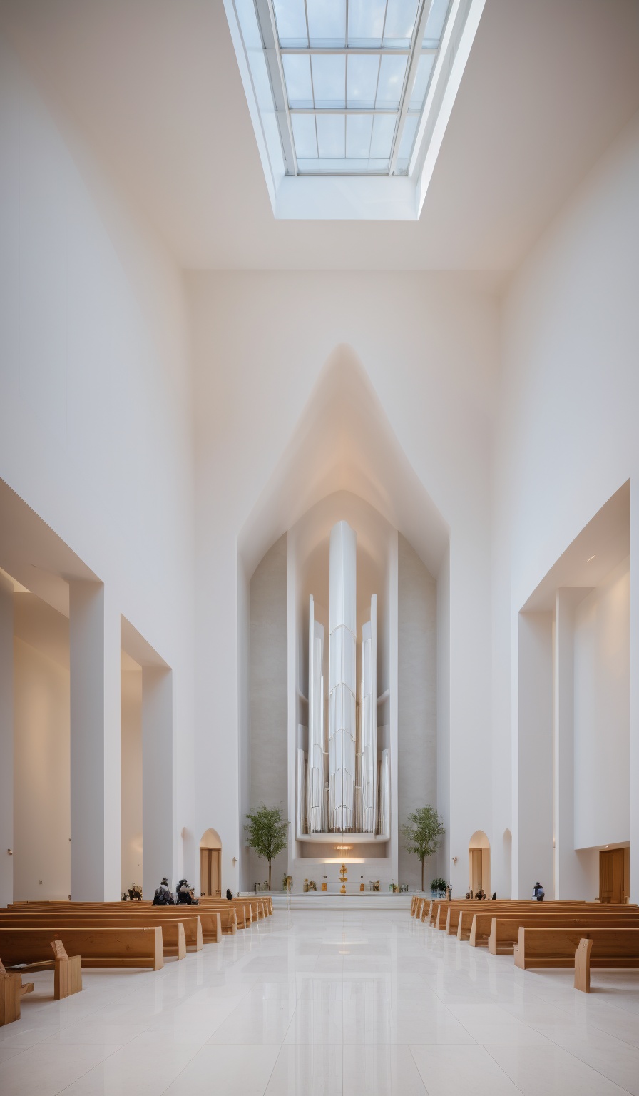 a dvarchmodern church,  In a serene and minimalist white church,  a sleek modern cross stands tall on Tensor.Art