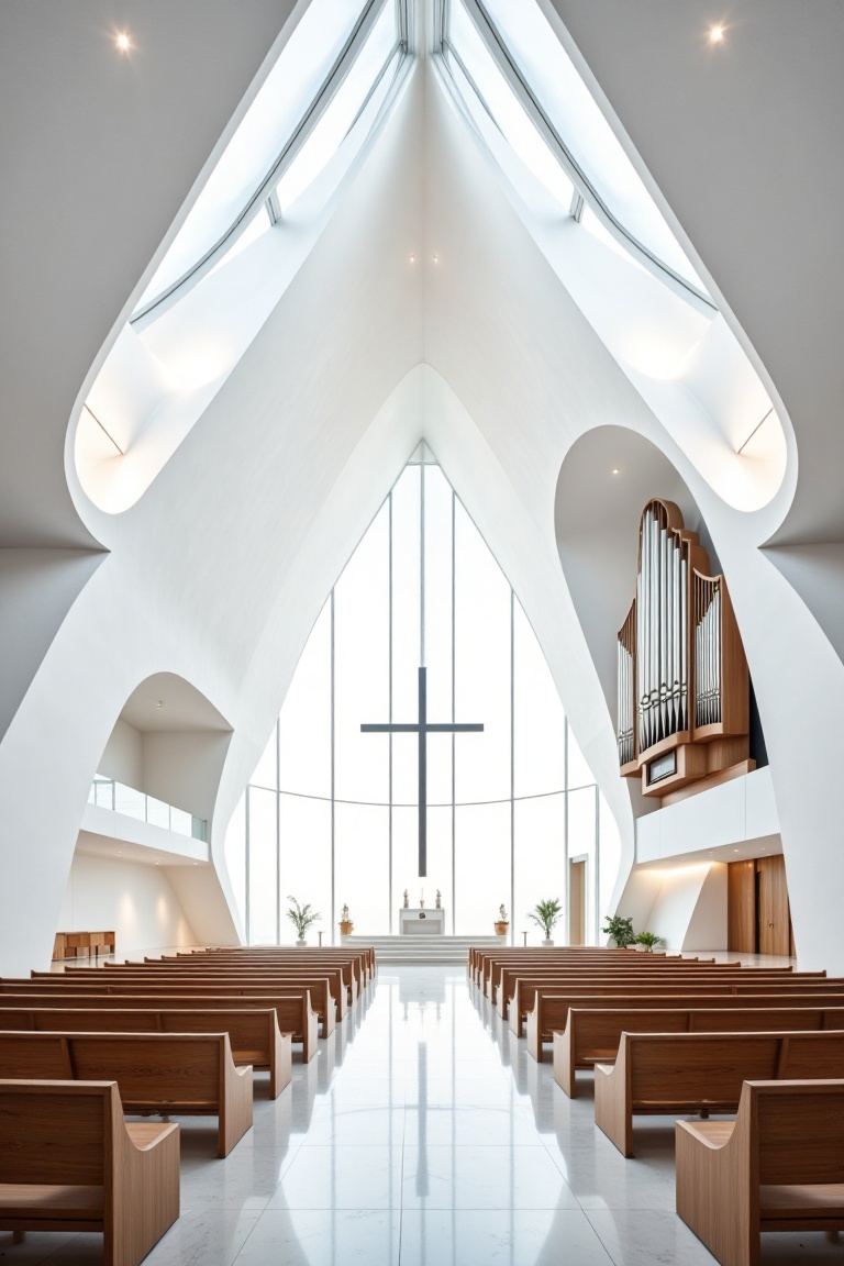 In a serene and minimalist white church,  a sleek modern cross stands tall,  bathed in soft on Tensor.Art
