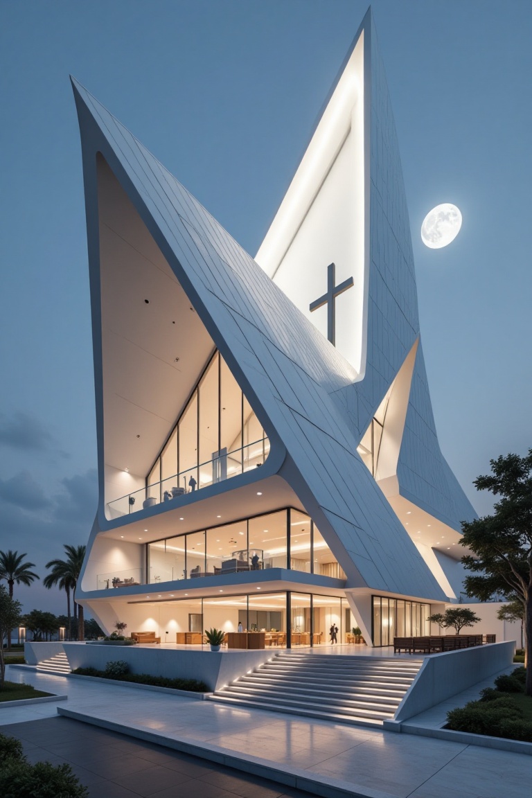 Beautiful modern spaceship with section design,  like church. featuring angular shapes and a futuristic aesthetic,  slim s...