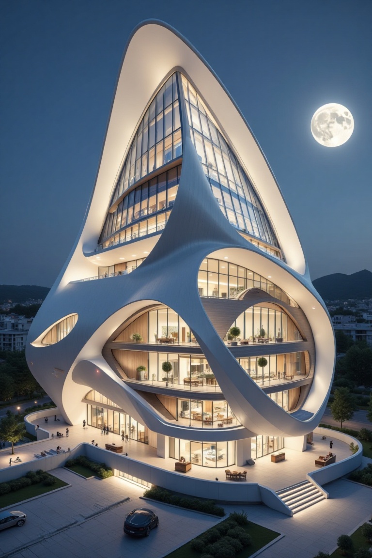Beautiful modern spaceship with section design,  like church. featuring angular shapes and a futuristic aesthetic,  slim s...
