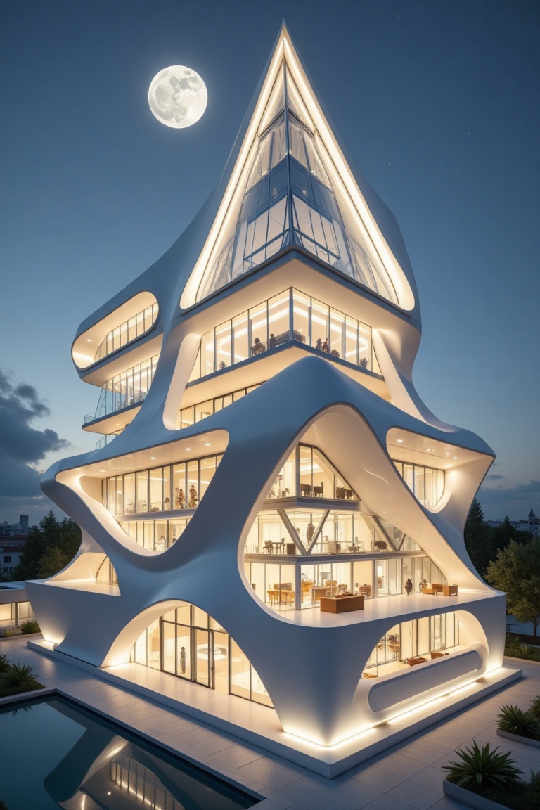 Beautiful modern white church with section design,  Glass Pyramid on top of the church,  yellow light on Tensor.Art