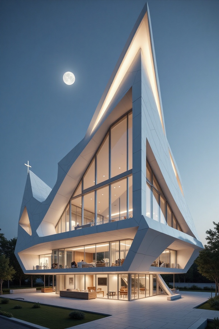 Beautiful modern spaceship with section design,  like church. featuring angular shapes and a futuristic aesthetic,  slim s...
