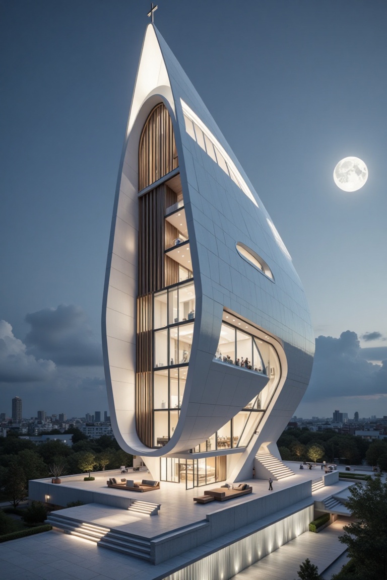 Beautiful modern spaceship with section design,  like church. featuring angular shapes and a futuristic aesthetic,  slim s...