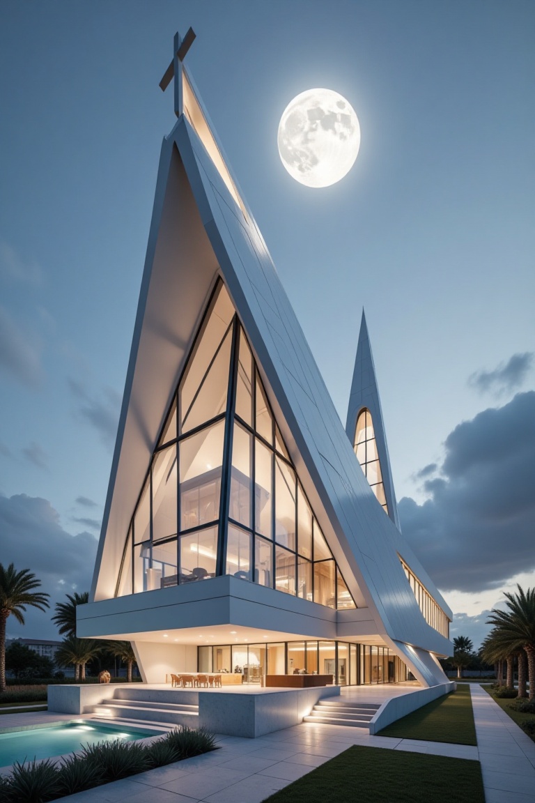 Beautiful modern spaceship with section design,  like church. featuring angular shapes and a futuristic aesthetic,  slim s...
