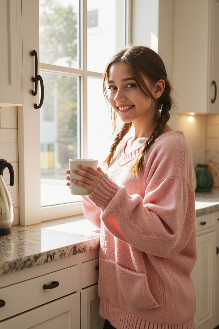 KataModel,  smiling shyly while holding a coffee mug in a cozy apartment kitchen,  wearing an oversized sweater on Tensor.Art