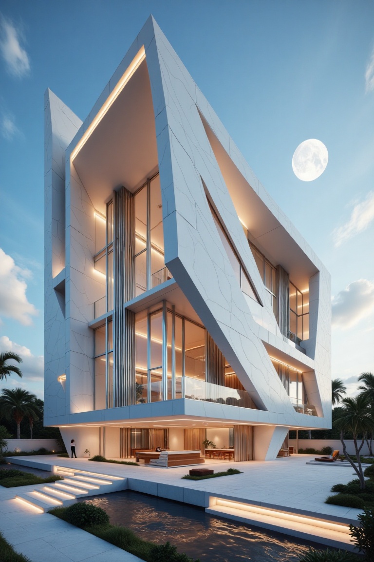 Beautiful modern spaceship with section design,  like church. featuring angular shapes and a futuristic aesthetic,  slim s...