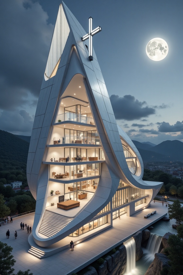 Beautiful modern spaceship with section design,  like church. featuring angular shapes and a futuristic aesthetic,  slim s...