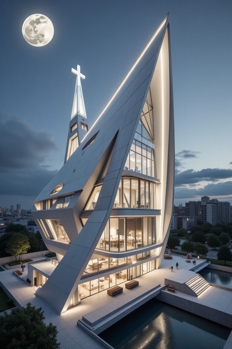 Beautiful modern spaceship with section design,  like church. featuring angular shapes and a futuristic aesthetic,  slim s...