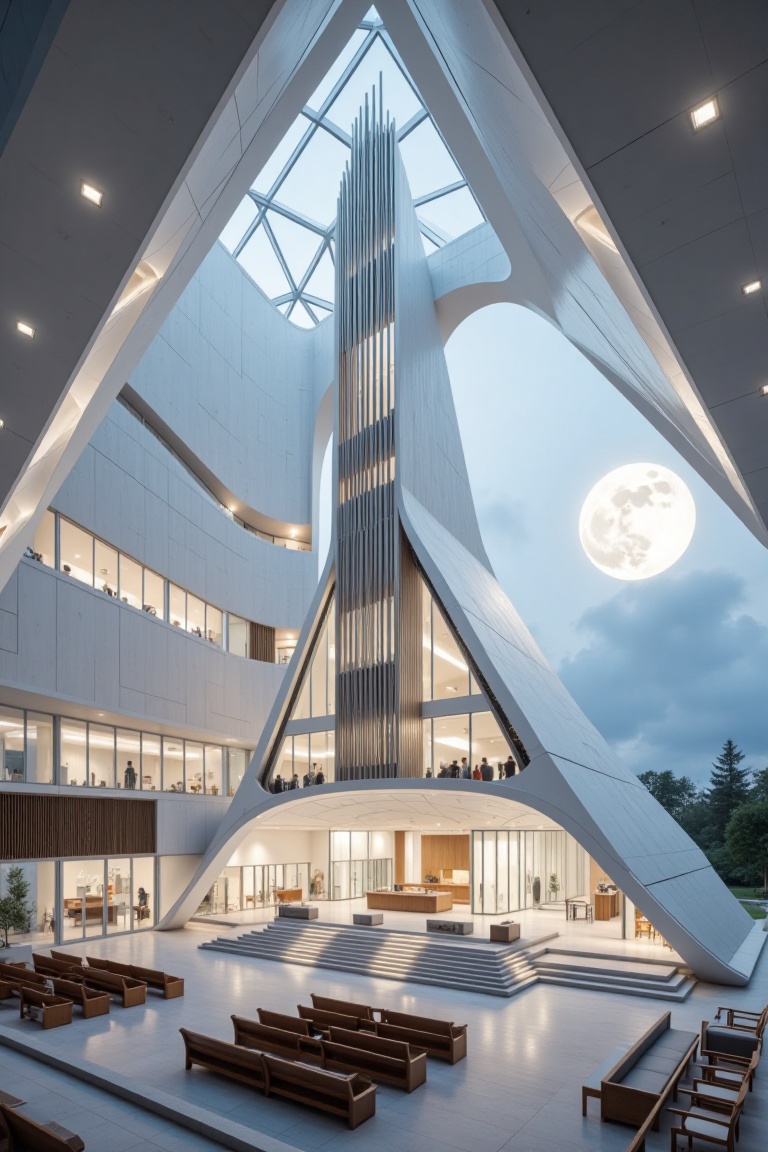 Beautiful modern spaceship with section design,  like church. featuring angular shapes and a futuristic aesthetic,  slim s...