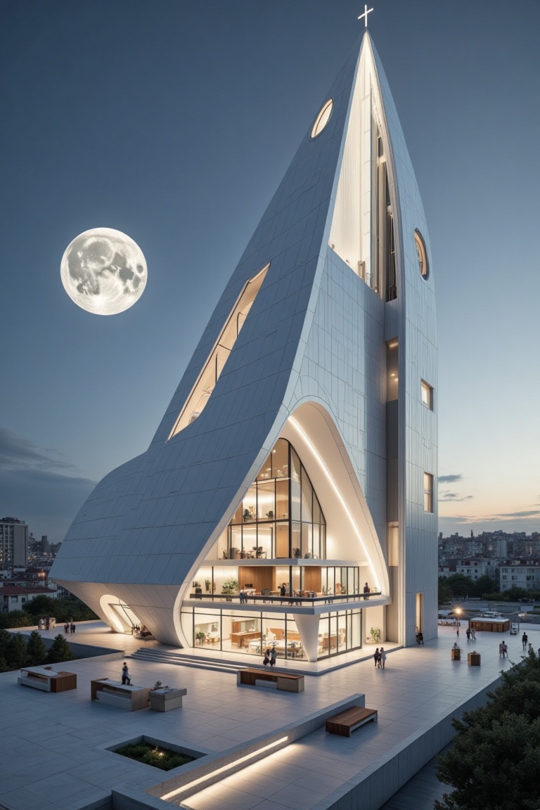Beautiful modern spaceship with section design,  like church. featuring angular shapes and a futuristic aesthetic,  slim s...