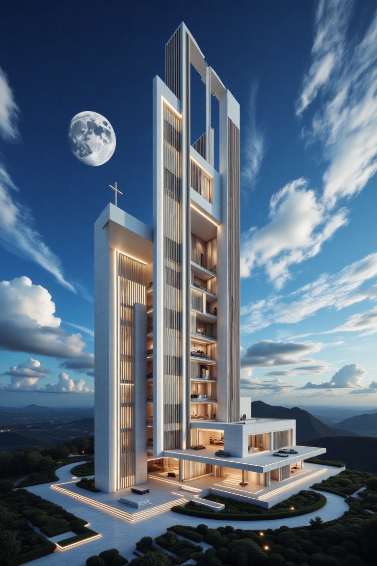 Beautiful modern spaceship with section design,  like church. featuring angular shapes and a futuristic aesthetic,  slim s...