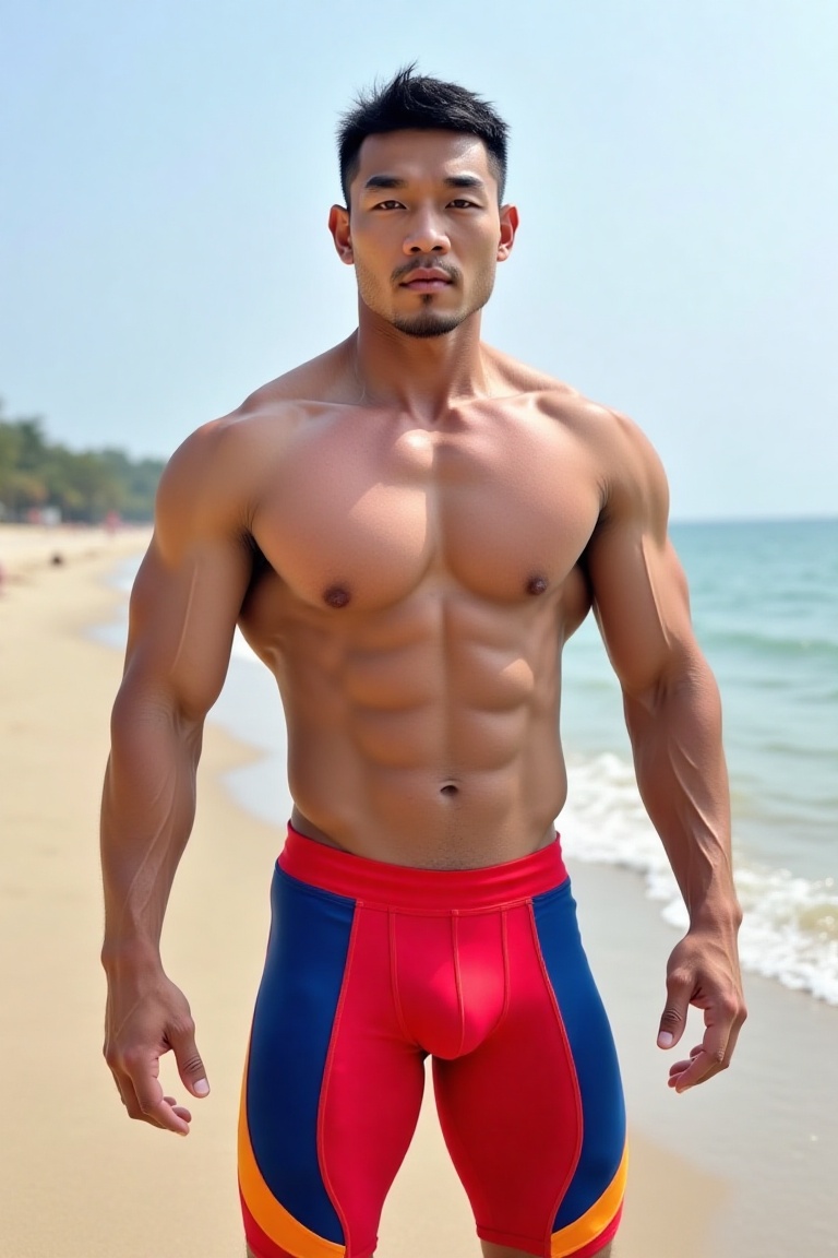 A photo of a 190cm Chinese bodybuilder. Wearing (red|yellow|blue|white|orange|green) athletic pants and (red|yellow|blue|w...