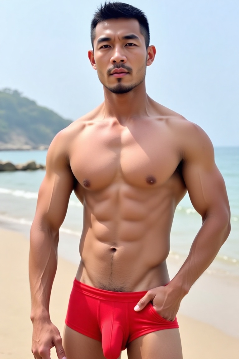 A photo of a 190cm Chinese bodybuilder. Wearing (red|yellow|blue|white|orange|green) athletic pants and (red|yellow|blue|w...