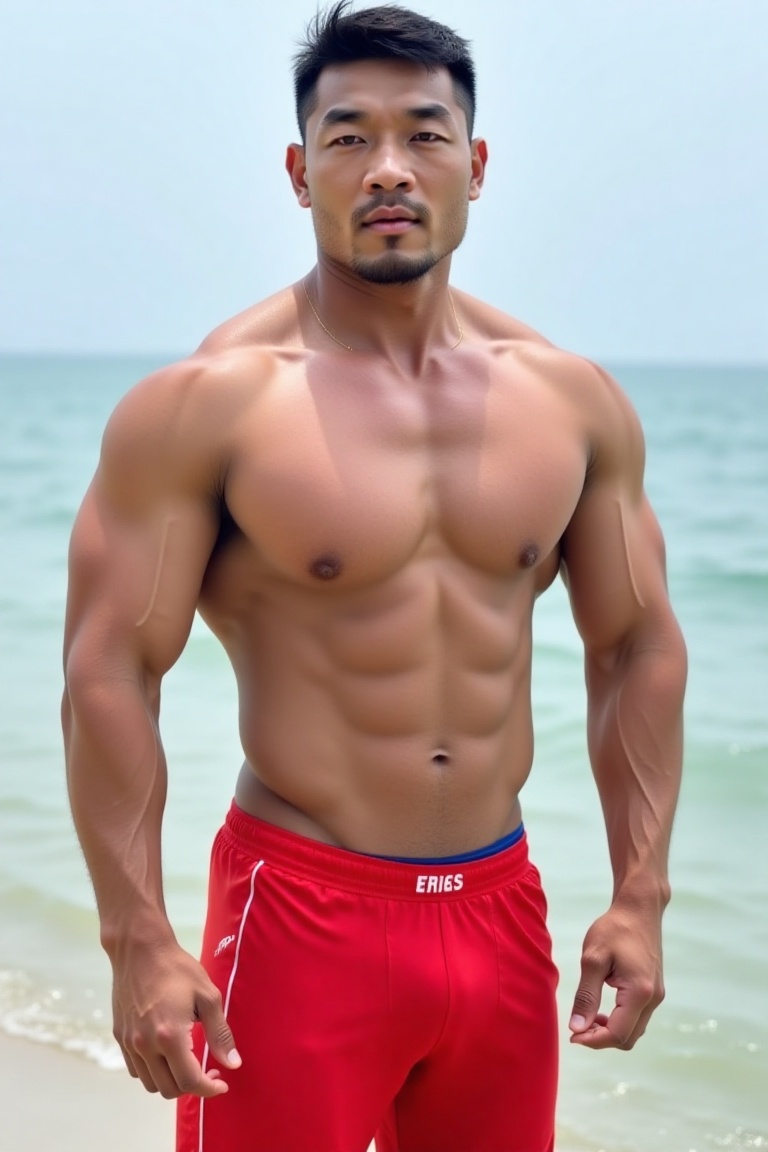 A photo of a 190cm Chinese bodybuilder. Wearing (red|yellow|blue|white|orange|green) athletic pants and (red|yellow|blue|w...