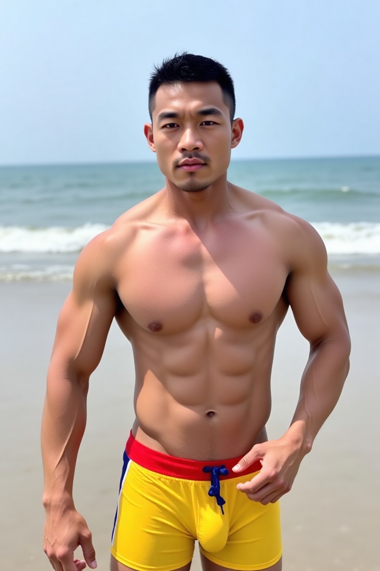 A photo of a 190cm Chinese bodybuilder. Wearing (red|yellow|blue|white|orange|green) athletic pants and (red|yellow|blue|w...