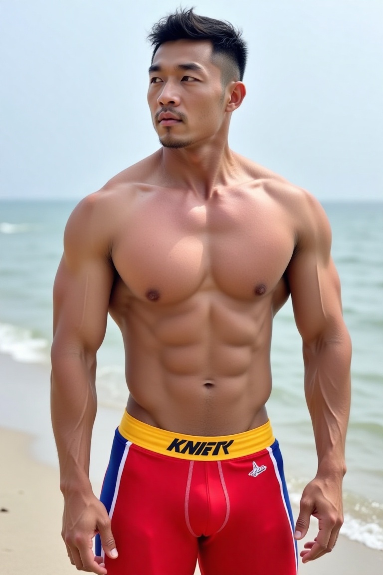 A photo of a 190cm Chinese bodybuilder. Wearing (red|yellow|blue|white|orange|green) athletic pants and (red|yellow|blue|w...