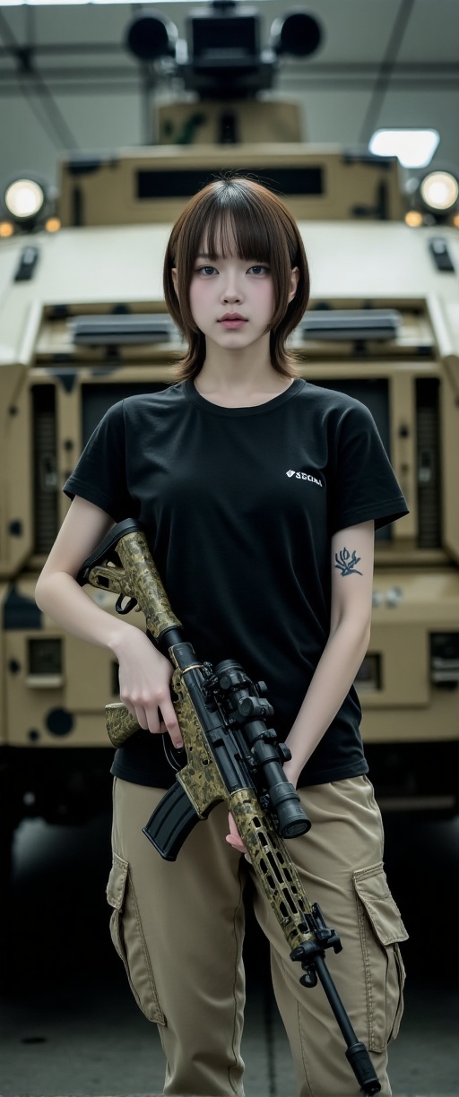 A luminous,  photorealistic image captures aThe image shows a woman standing confidently with a rifle,  holding it firmly...