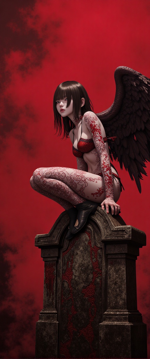 A crimson-hued nightmare unfolds as a fallen angel perches atop a weathered gravestone,  shrouded in thick fog that eerily...