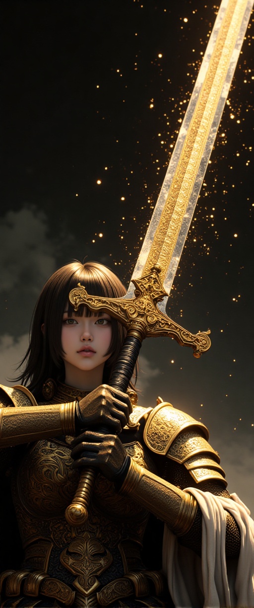 A luminous,  photorealistic image captures a The image depicts a highly detailed and intricate scene of a woman knight ,...