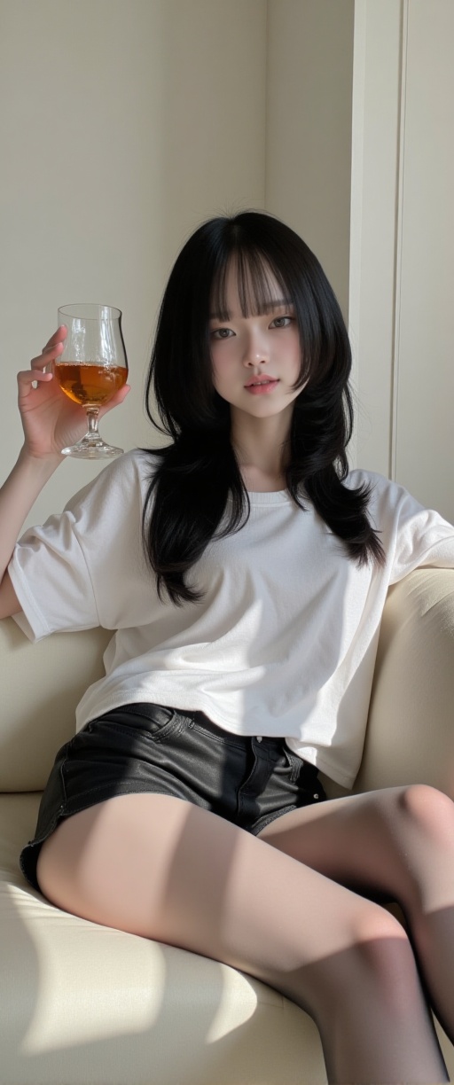 A luminous,  photorealistic image captures a The image depicts a woman with long black hair,  wearing a loose white t-shir...