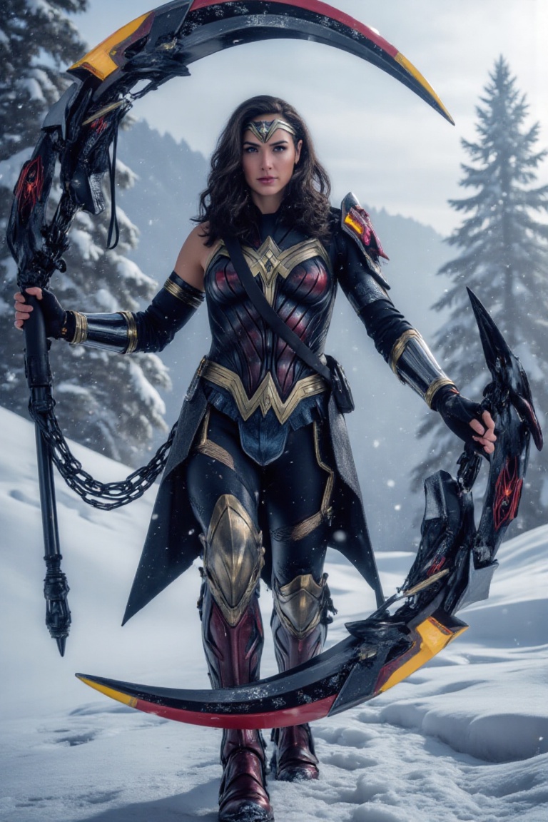 Wonder Woman character wearing futuristic armor with clad extended shoulder in shimmering Black & red massive bulky exoske...
