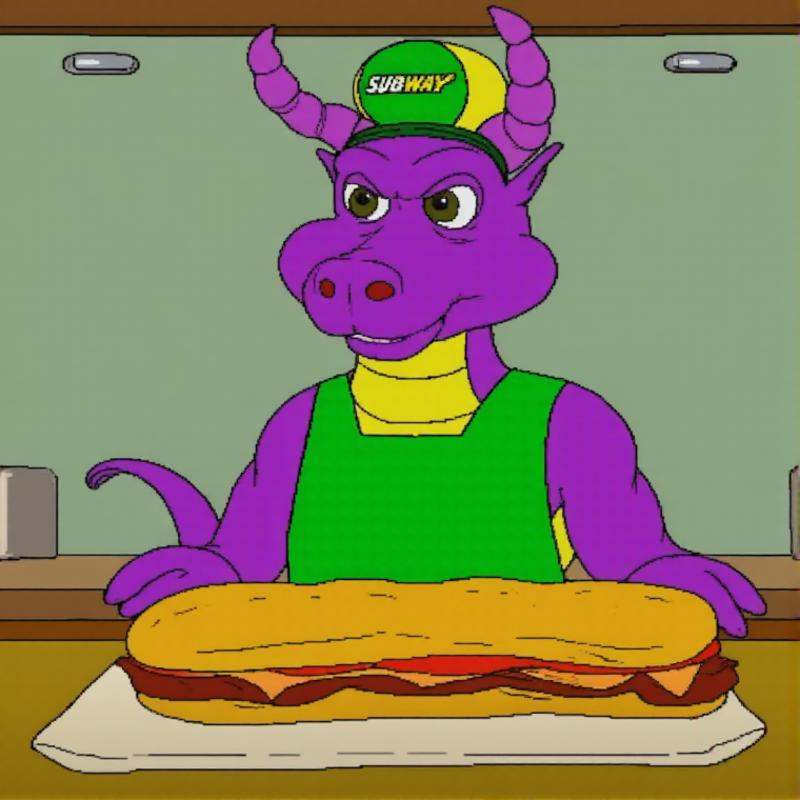 zeldacdistyle,  Spyro the Dragon standing behind the counter at a Subway restaurant,  wearing a green apron and hat that h...