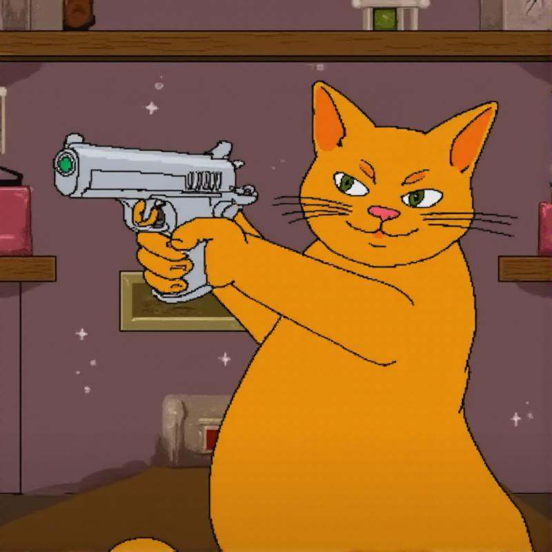 zeldacdistyle,  an orange cat aiming a pistol at the viewer on Tensor.Art
