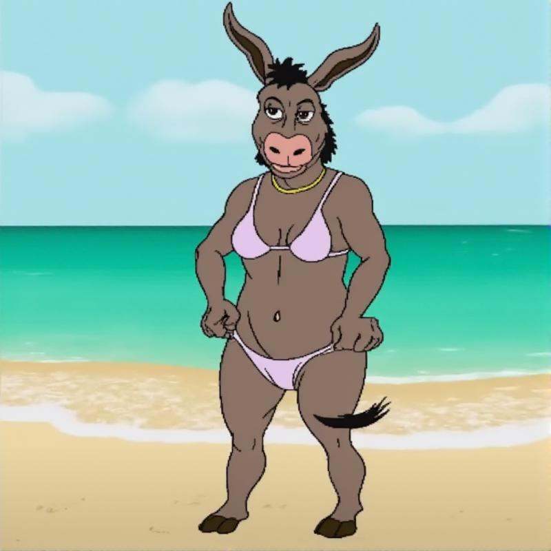zeldacdistyle,  Donkey from Shrek wearing a bikini on the beach. on Tensor.Art