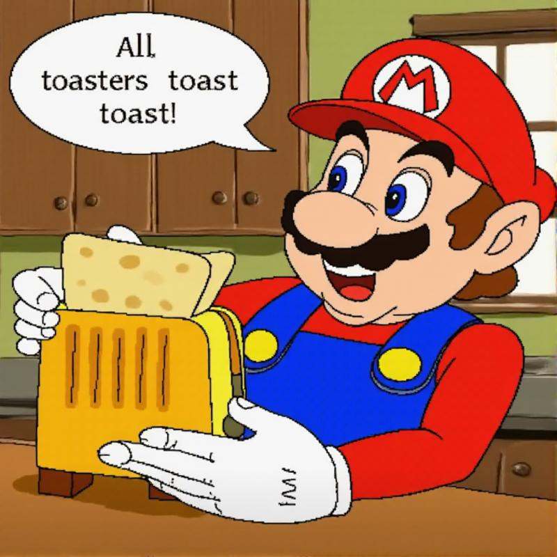 zeldacdistyle,  Super Mario holding a toaster in the kitchen,  with the speech bubble: "all toasters toast toast!" on Tens...