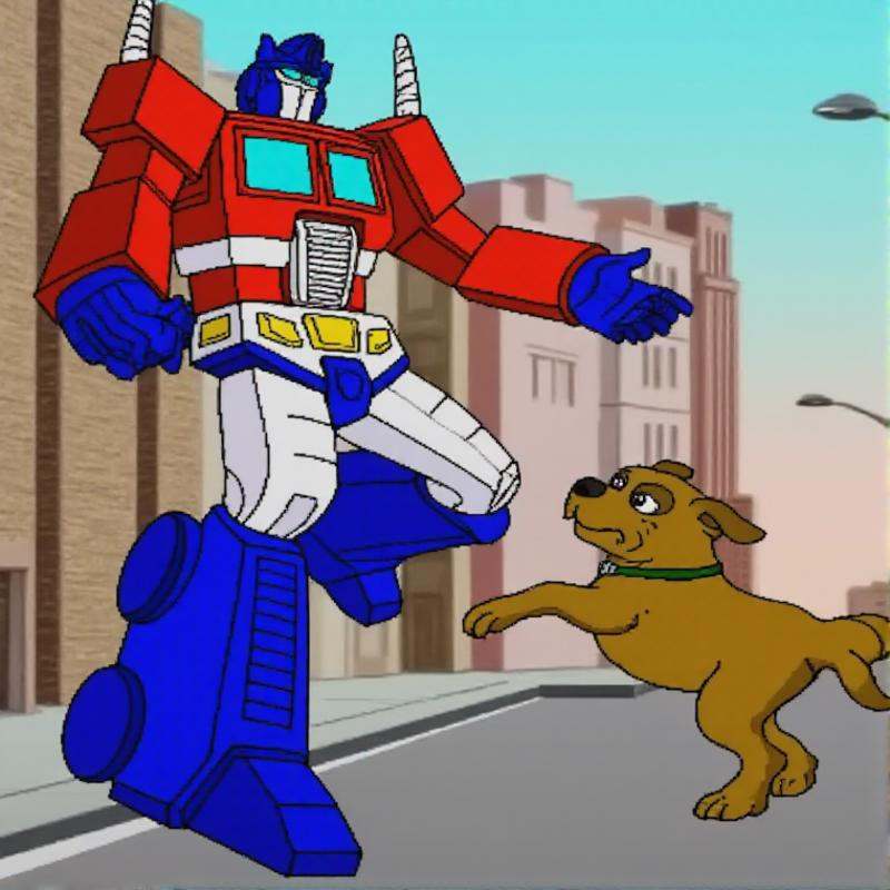 zeldacdistyle,  Optimus Prime kicking a dog in the street. on Tensor.Art