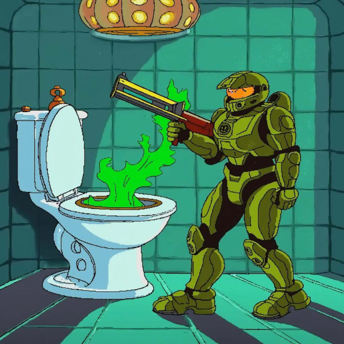 Master Chief holding a shotgun walking away from the toilet with green smoke coming from the toilet in zeldacdistyle on Te...