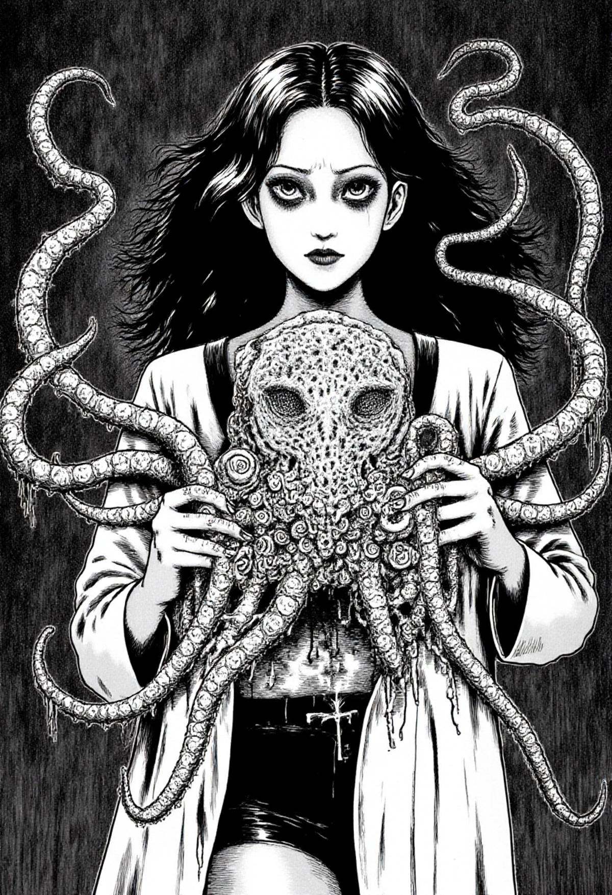 sexy librarian cthulhu woman wearing librarian outfit with tentacles in monochrome jitostyle. on Tensor.Art