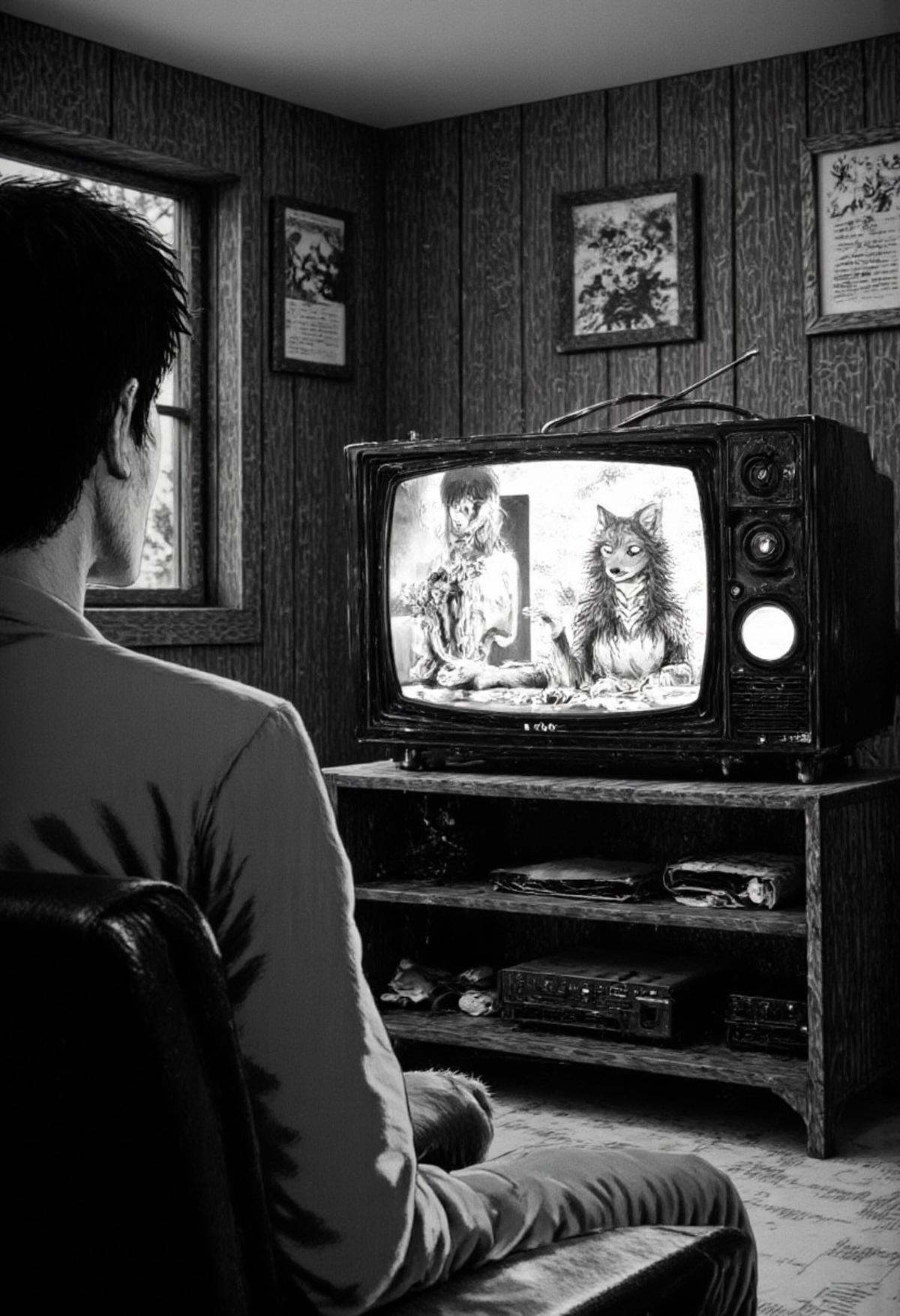 a man looking at his tv in monochrome jitostyle. On the tv screen is a furry wolf woman newscaster on Tensor.Art