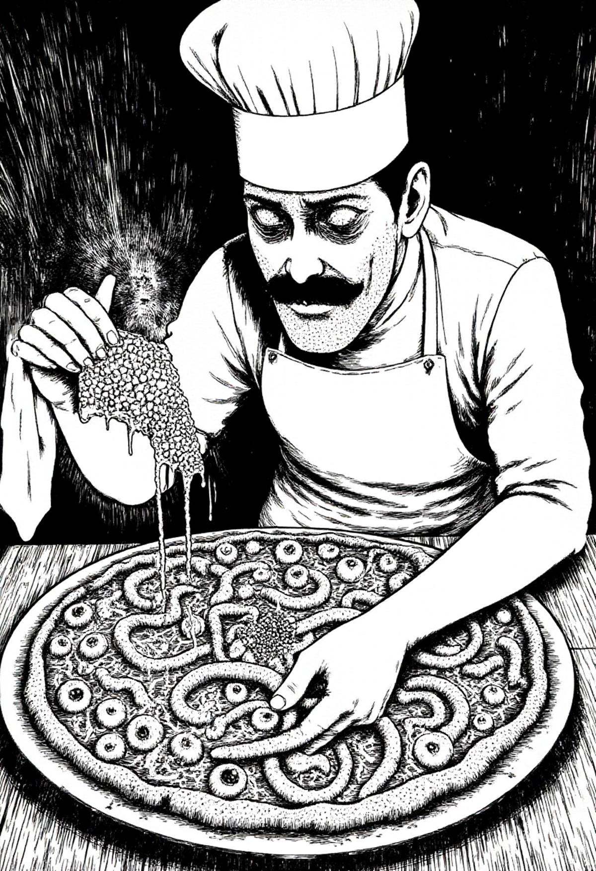 italian chef wearing chef hat and apron making pizza in monochrome jitostyle. the pizza is made of worms and eyeballs on T...