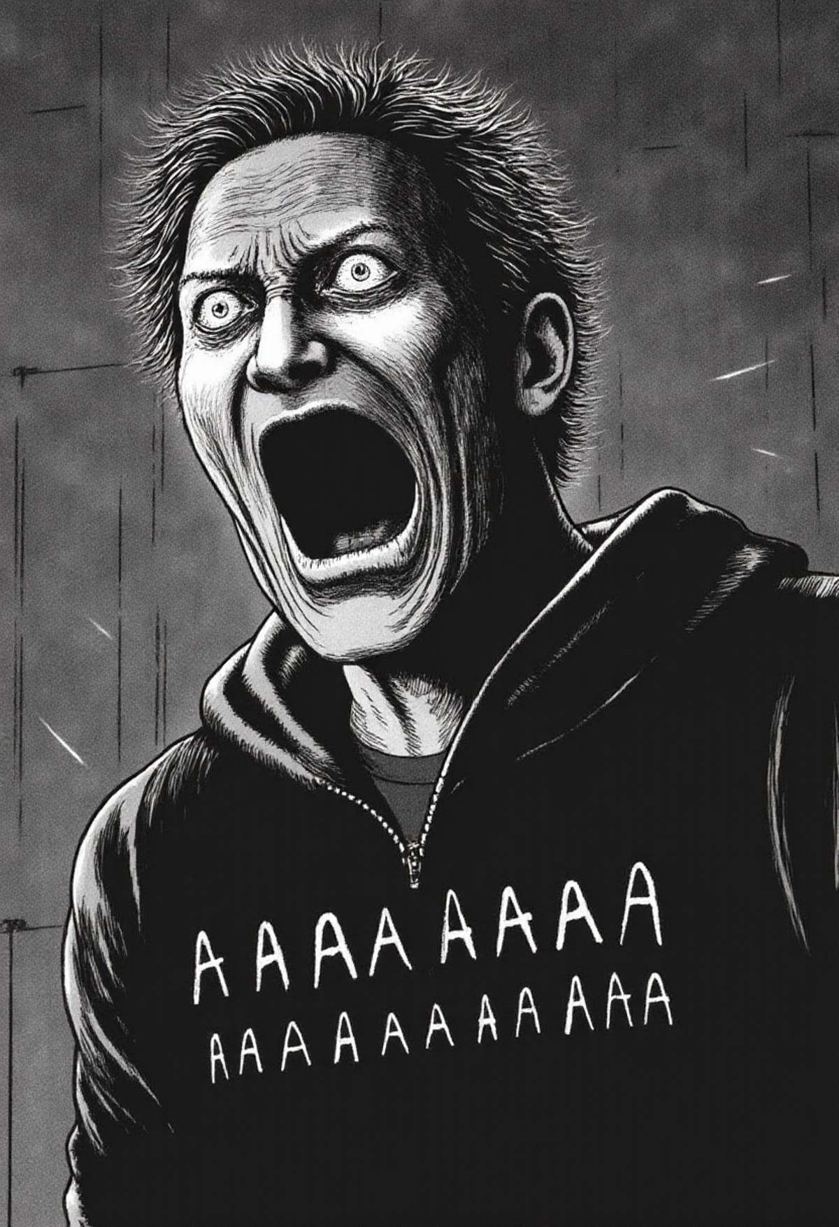 A man screaming with the text "AAAAAAAAAAAAAAAAAAAAAAAAAA" in monochrome jitostyle. on Tensor.Art
