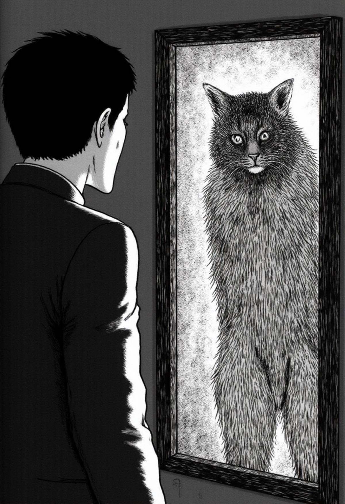 a man looking at his reflection in the mirror in monochrome jitostyle. his reflection is wearing a fursuit. on Tensor.Art