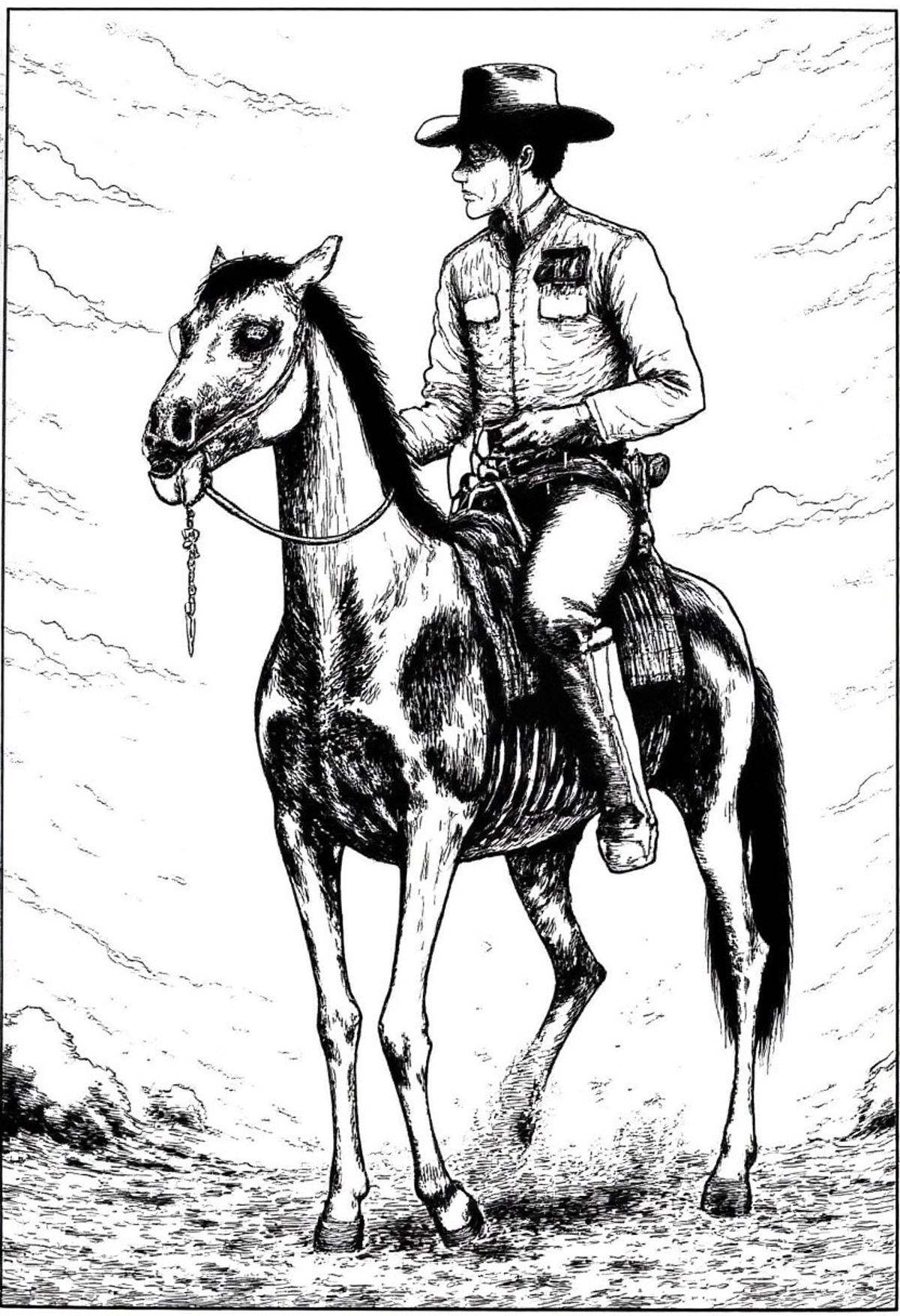 A cowboy riding a skeletal horse in monochrome jitostyle. on Tensor.Art