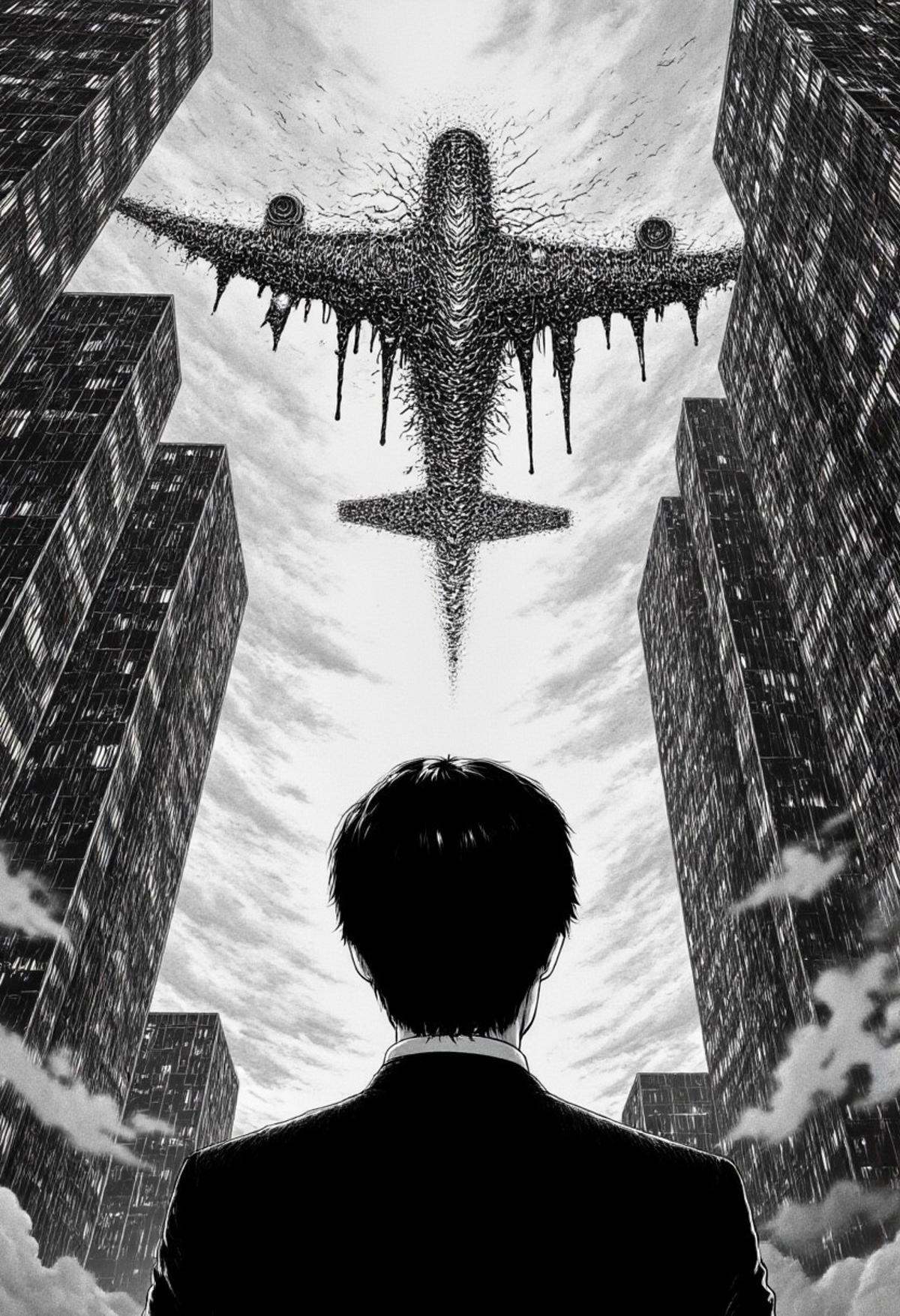 View from behind of a business man watching a monster plane fly into a skyscraper,  in monochrome jitostyle. on Tensor.Art