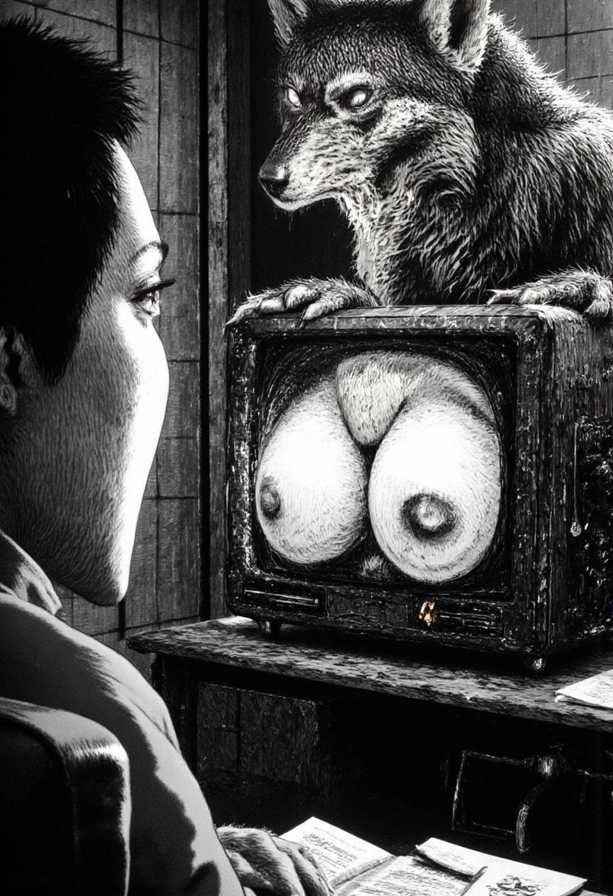 a man looking at his tv in monochrome jitostyle. On the tv screen is a furry wolf woman newscaster with big cleavage on Te...
