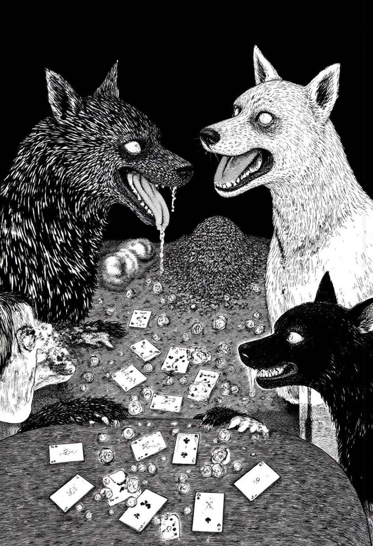 Four dogs playing poker cards in monochrome jitostyle. on Tensor.Art