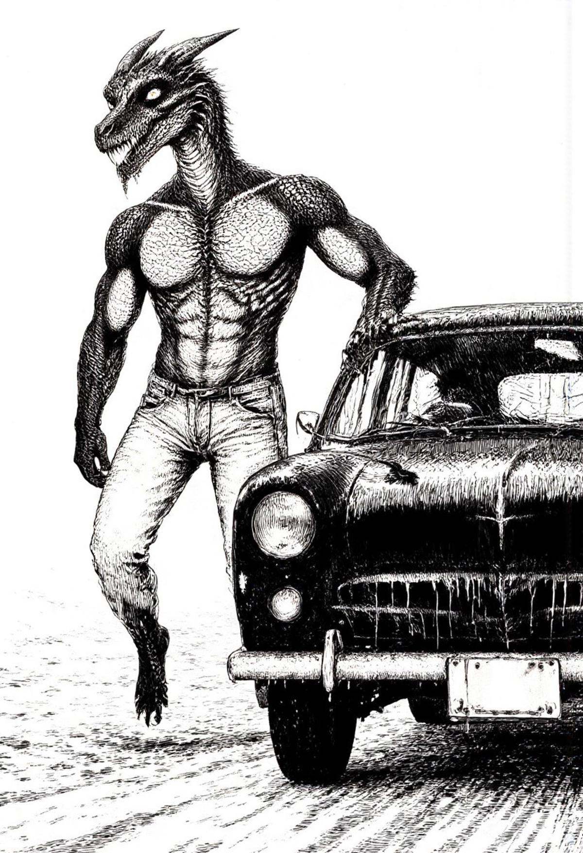 a muscular dragon man wearing jeans pushing a car in monochrome jitostyle. on Tensor.Art